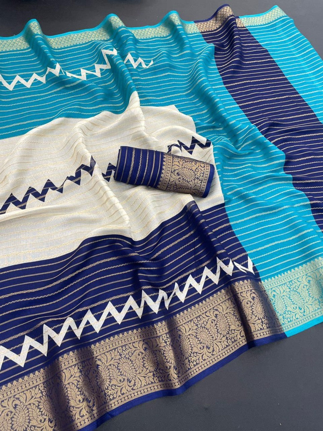 Elegant Navy Blue Striped Weaving Georgette Saree Enhanced With Zig Zag Print Work - Image 2