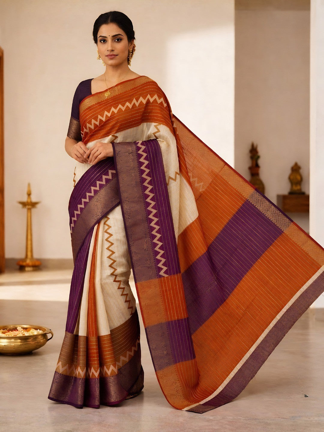 Elegant Wine & Orange Striped Weaving Georgette Saree Enhanced With Zig Zag Print Work - Image 1