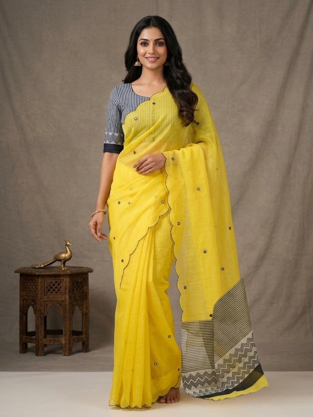 Elegant Yellow Linen Saree with Striped Pallu and Mirror Work - Image 1