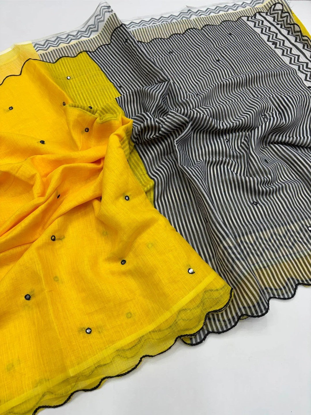 Elegant Yellow Linen Saree with Striped Pallu and Mirror Work - Image 3