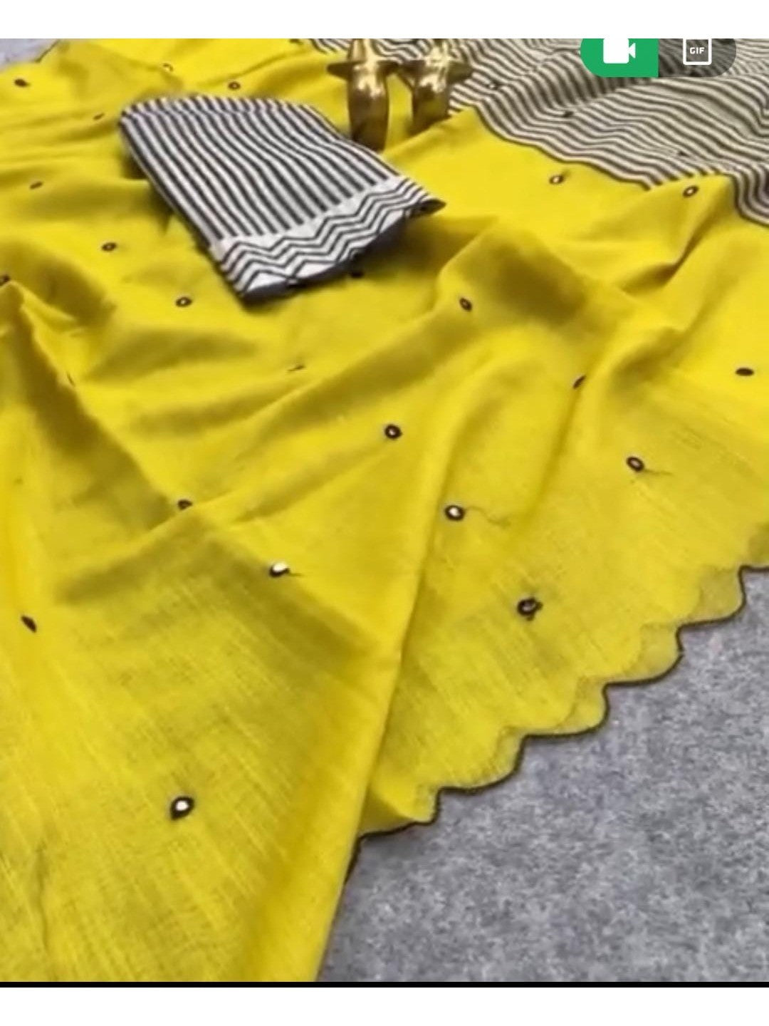 Elegant Yellow Linen Saree with Striped Pallu and Mirror Work - Image 5