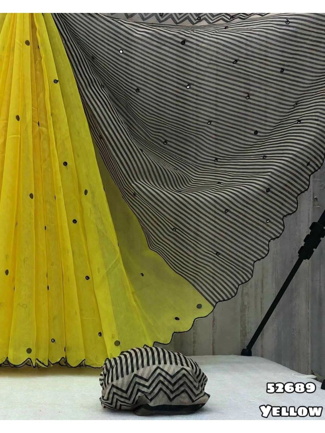 Elegant Yellow Linen Saree with Striped Pallu and Mirror Work - Image 2