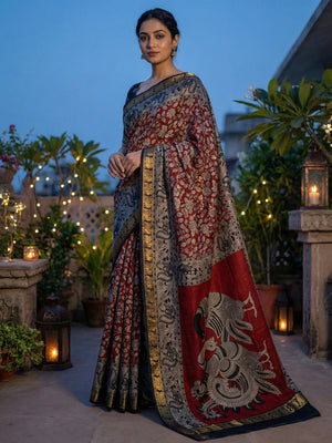Elegant Red & Black Mulmul Cotton Saree with Kalamkari Peacock Motif Border - Image 1