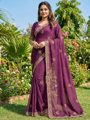 Exclusive Purple Georgette Saree with Intricate Floral Embellishment - Image 1