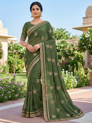 Olive Georgette Saree with Floral Embroidery and Stone Work - Image 1