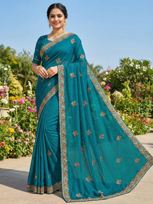 Teal Georgette Saree with Embroidered Floral Design and Border - Image 1
