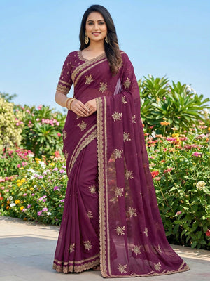 Wine Georgette Saree with Floral Embroidery and Scalloped Border - Image 1