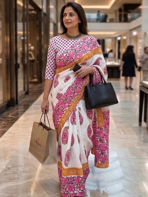 Graceful White & Pink Floral Printed Mulmul Cotton Saree With Paisley Motif - Image 1