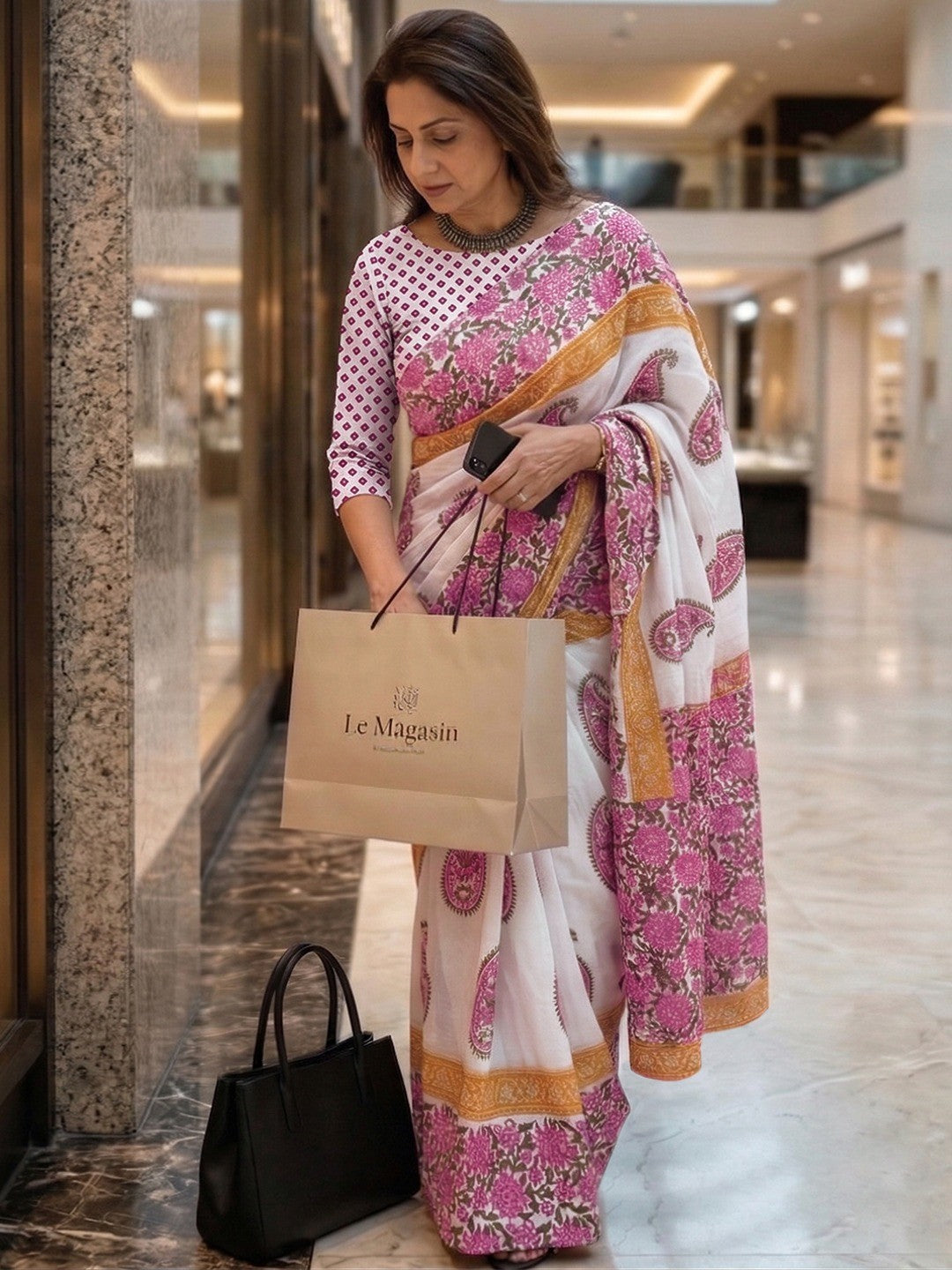 Graceful White & Pink Floral Printed Mulmul Cotton Saree With Paisley Motif - Image 4