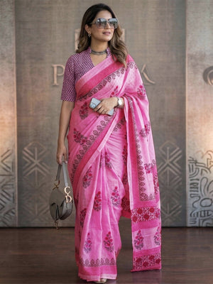 Trendy Pink Floral Print Mulmul Cotton Saree With Unique Work - Image 1