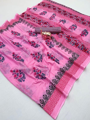Trendy Pink Floral Print Mulmul Cotton Saree With Unique Work - Image 2