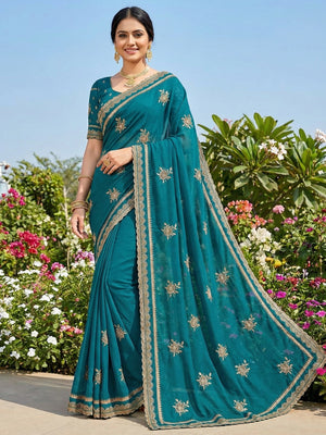 Teal Georgette Saree with Stone Work and Embroidered Floral Design - Image 1