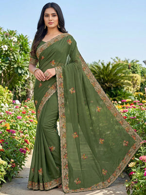 Exclusive Green Georgette Saree with Delicate Floral Border Work - Image 1