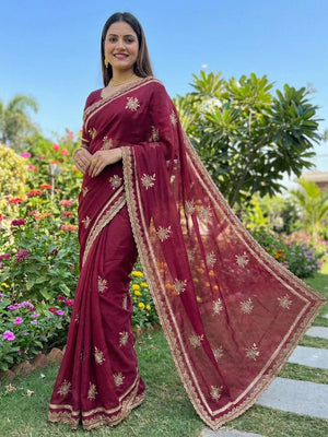 Maroon Georgette Saree with Floral Embroidery and Stone Work - Image 1