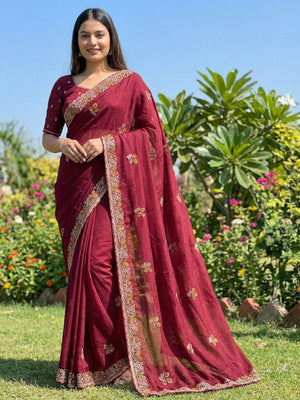 Graceful Red Georgette Saree with Embroidered Border and Stone Detailing - Image 1