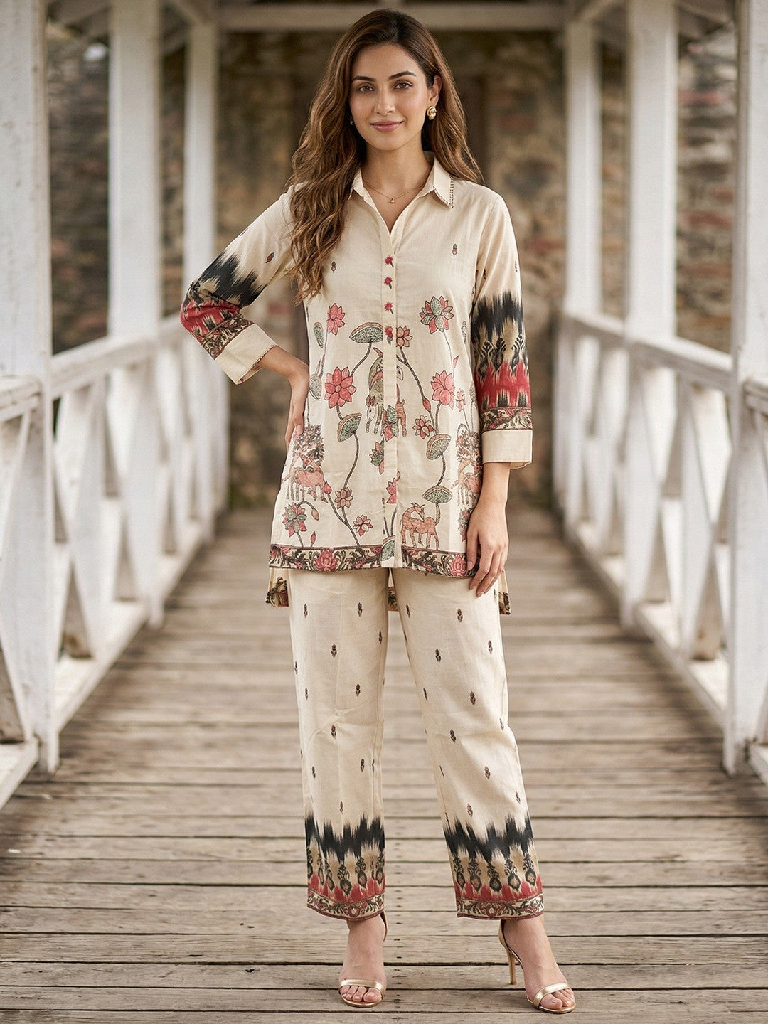Off White Cotton Co-ord Set with Half Low Style Top and Stylish Bottom - Image 1