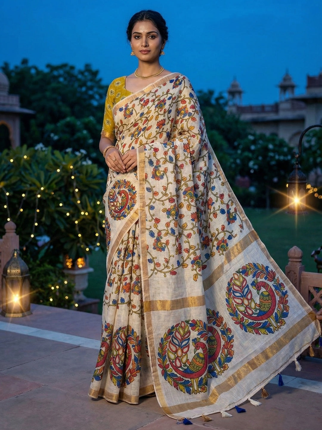 Elegant Cream Linen Saree with Floral and Peacock Print Border - Image 1