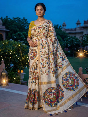 Elegant Cream Linen Saree with Floral and Peacock Print Border - Image 1