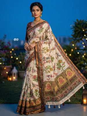 Cream Linen Floral Printed Saree with Brown Blouse for Stylish Ethnic Wear - Image 1