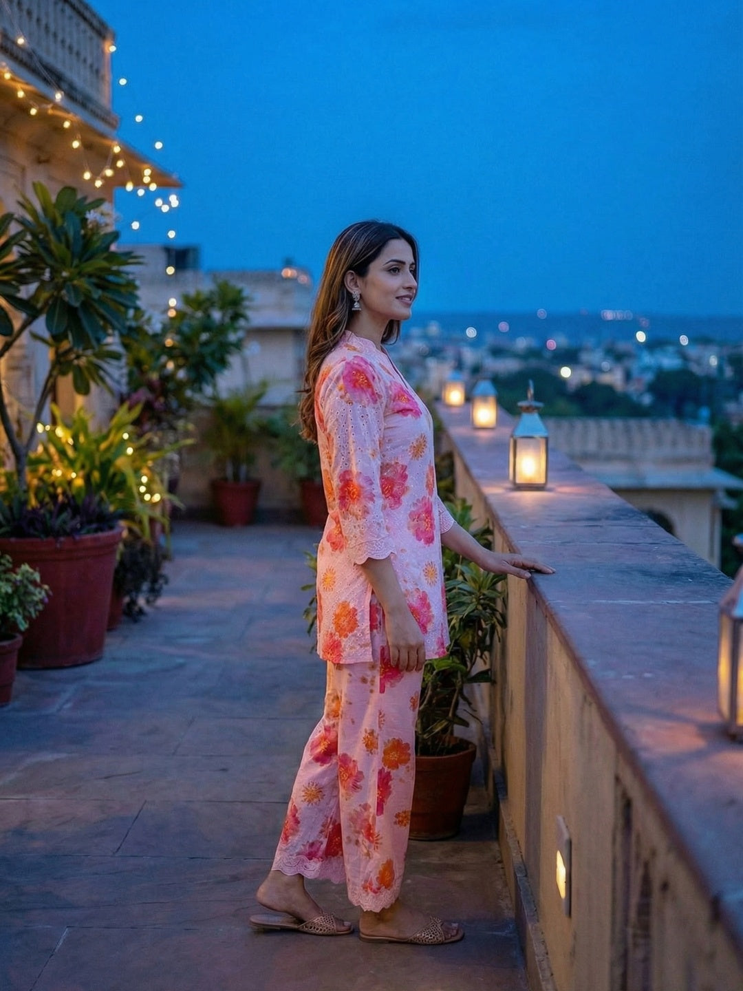 Pink Floral Print Schiffli Style Pure Cotton Top and Bottom Set - Image 2
