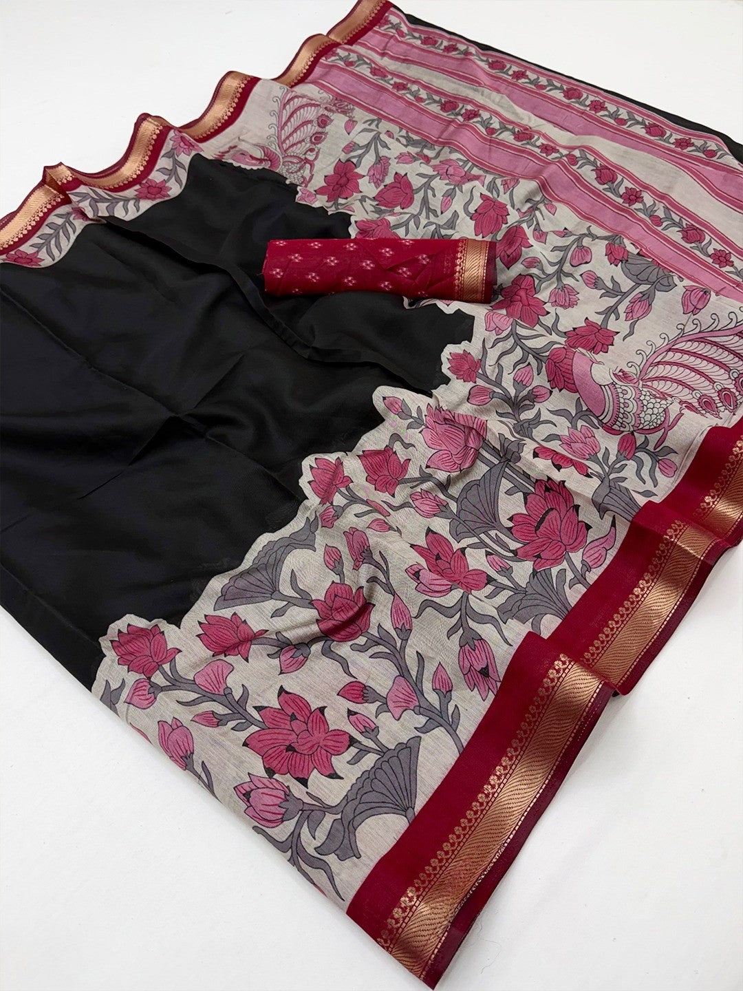 Elegant Black Mulmul Cotton Saree Adorned With Floral & Peacock Print Work Elegance - Image 2