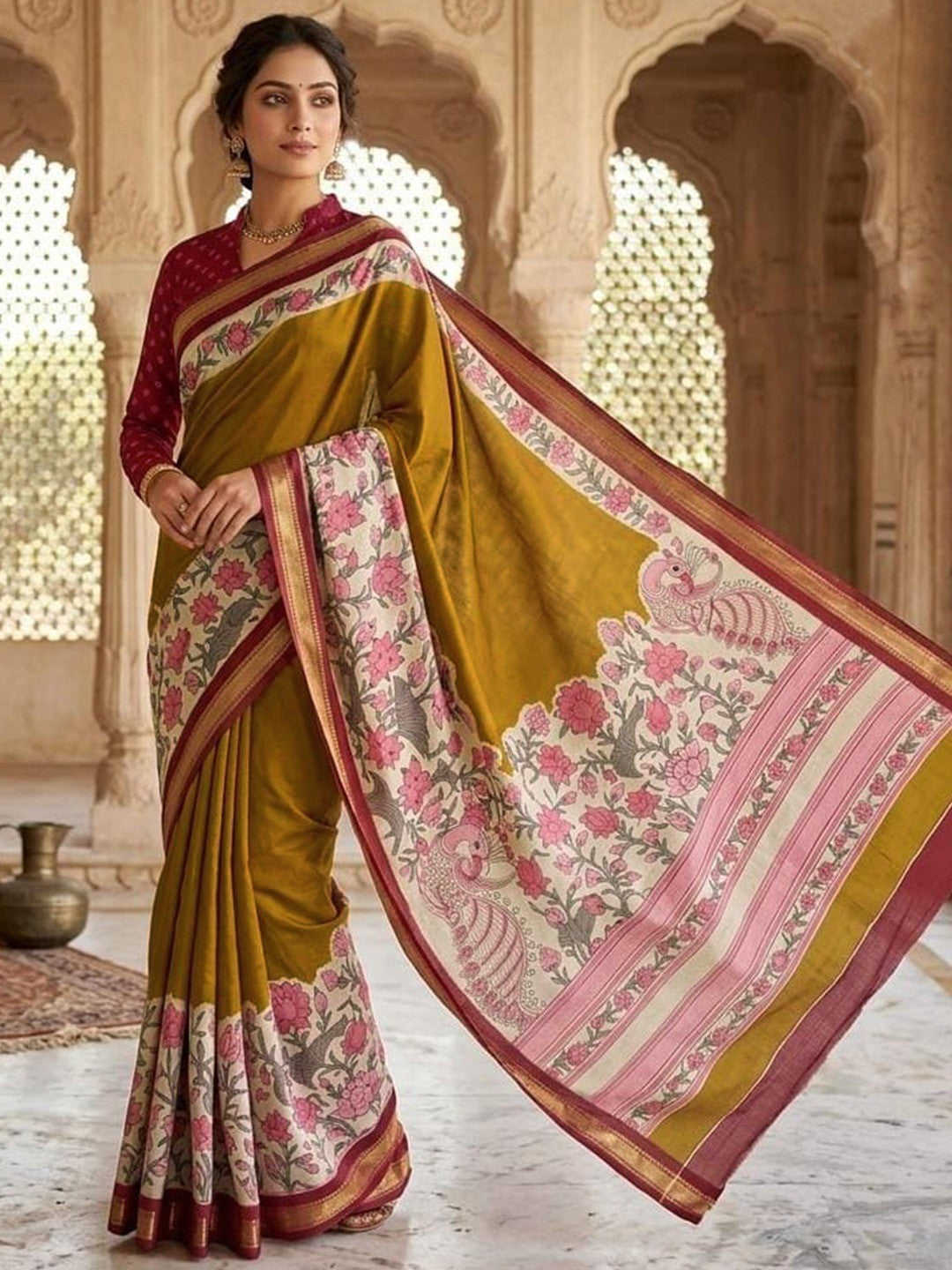Elegant Mustard Mulmul Cotton Saree Adorned With Floral & Peacock Print Work Elegance - Image 1