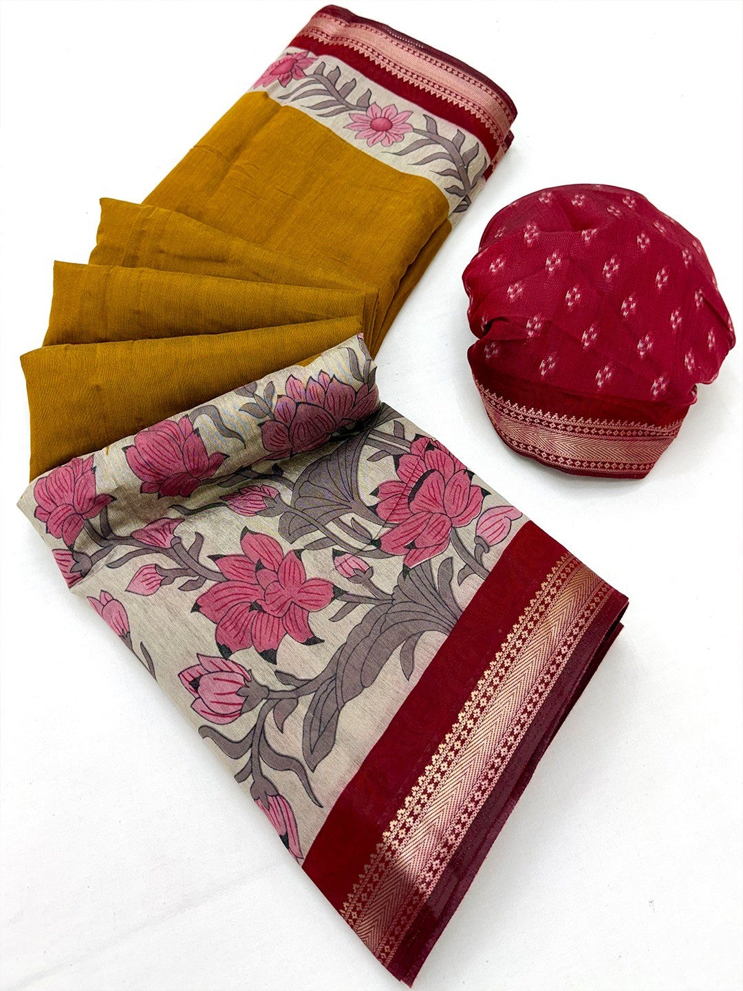 Elegant Mustard Mulmul Cotton Saree Adorned With Floral & Peacock Print Work Elegance - Image 2