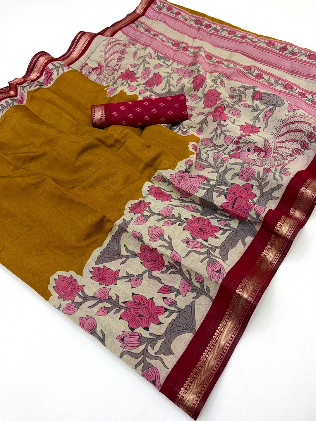 Elegant Mustard Mulmul Cotton Saree Adorned With Floral & Peacock Print Work Elegance - Image 3