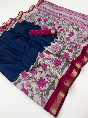 Elegant Blue Mulmul Cotton Saree Adorned With Floral & Peacock Print Work Elegance - Image 2