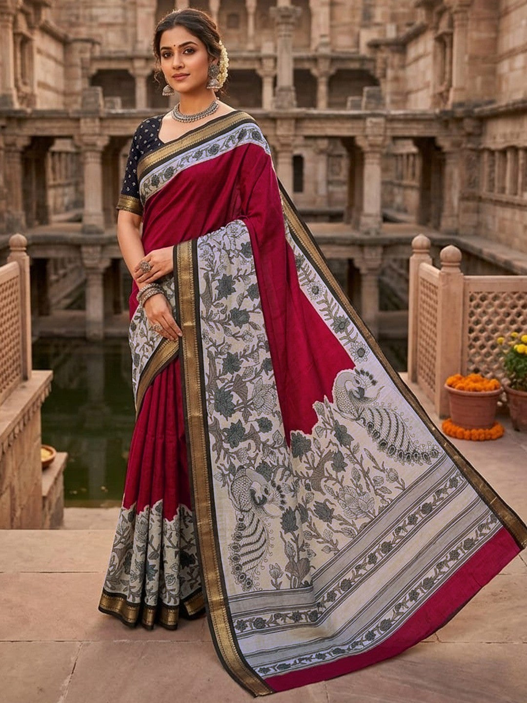 Elegant Red Mulmul Cotton Saree Adorned With Floral & Peacock Print Work Elegance - Image 1