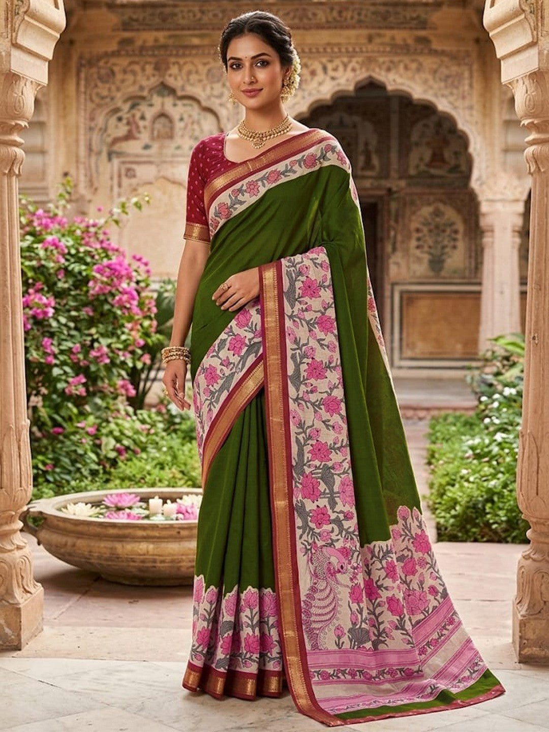 Elegant Green Mulmul Cotton Saree Adorned With Floral & Peacock Print Work Elegance - Image 1