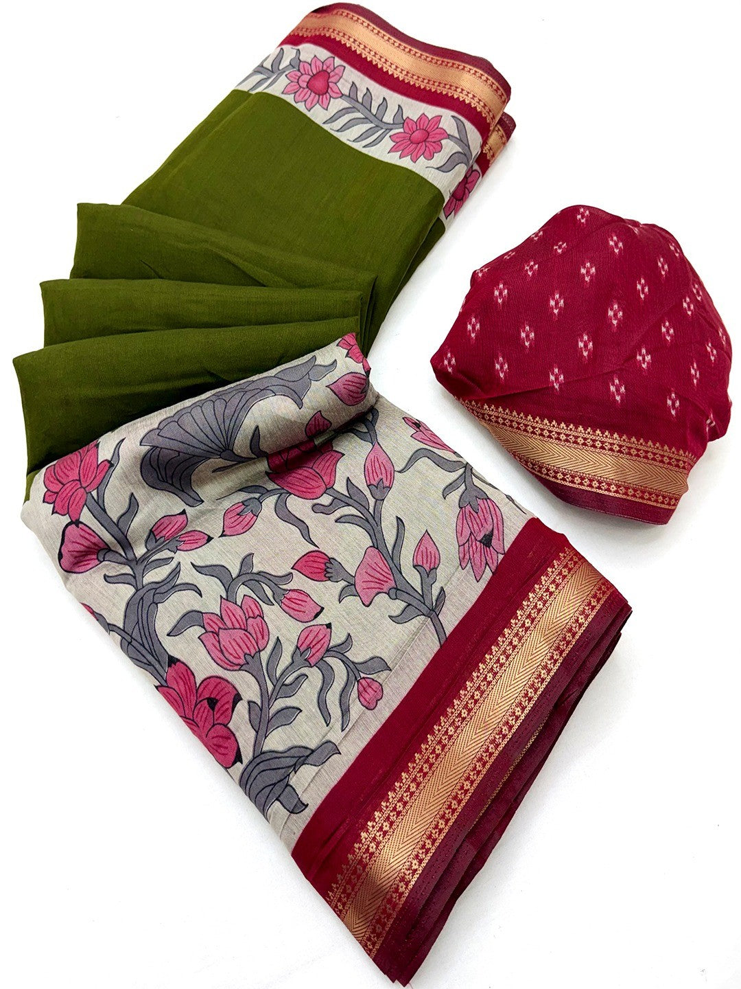 Elegant Green Mulmul Cotton Saree Adorned With Floral & Peacock Print Work Elegance - Image 3
