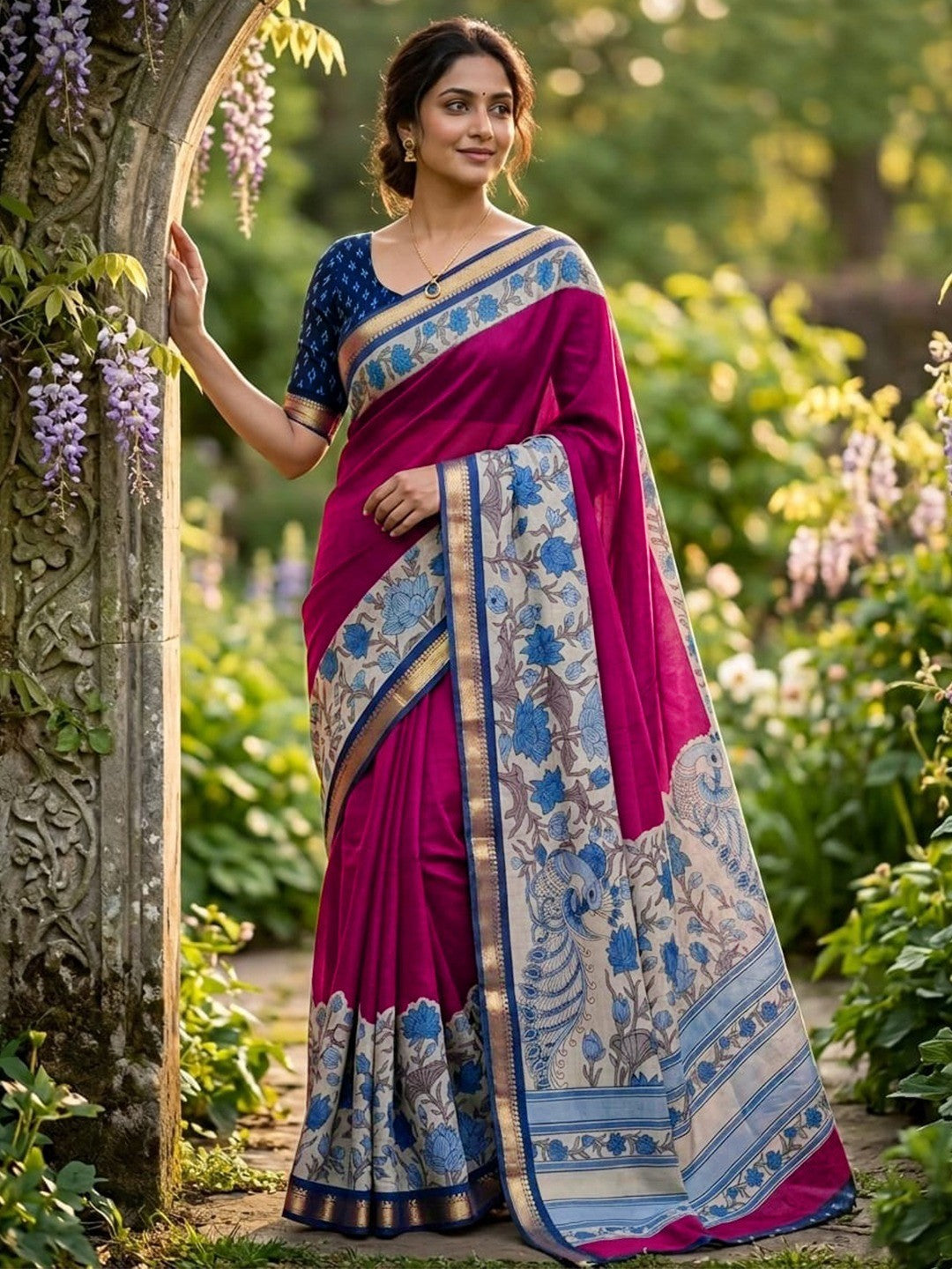 Elegant Dark Magenta Mulmul Cotton Saree Adorned With Floral & Peacock Print Work Elegance - Image 1