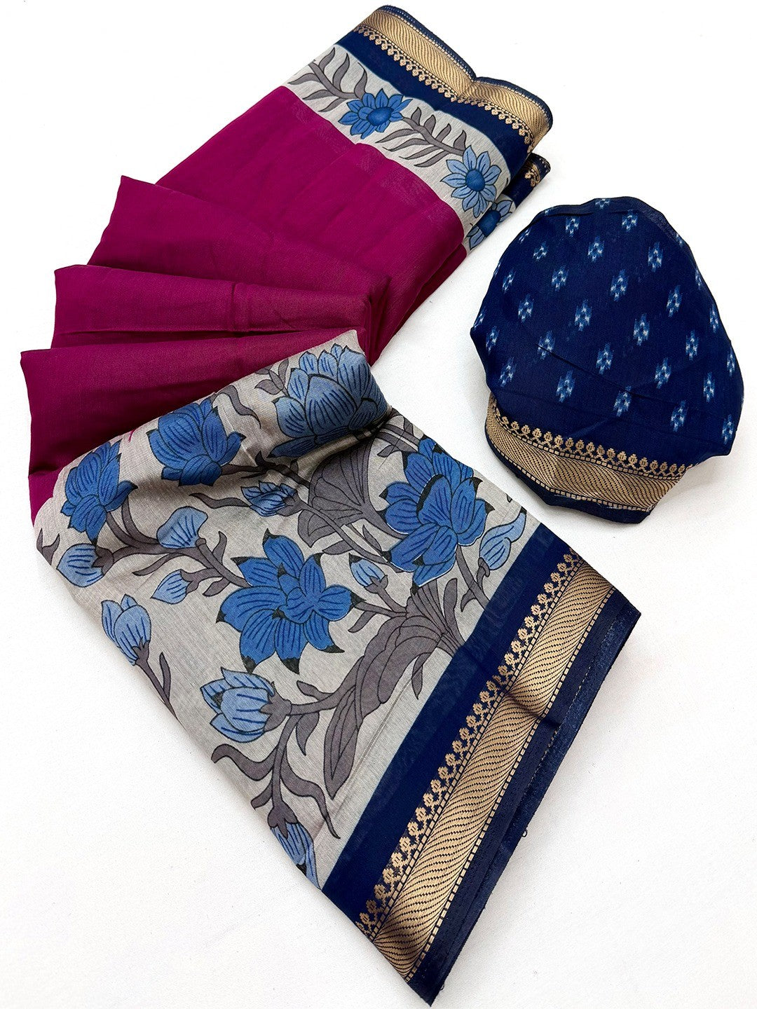 Elegant Dark Magenta Mulmul Cotton Saree Adorned With Floral & Peacock Print Work Elegance - Image 3