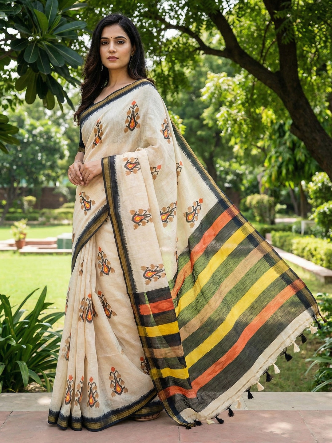 Cream Linen Saree with Ikkat Print and Striped Pallu - Image 1