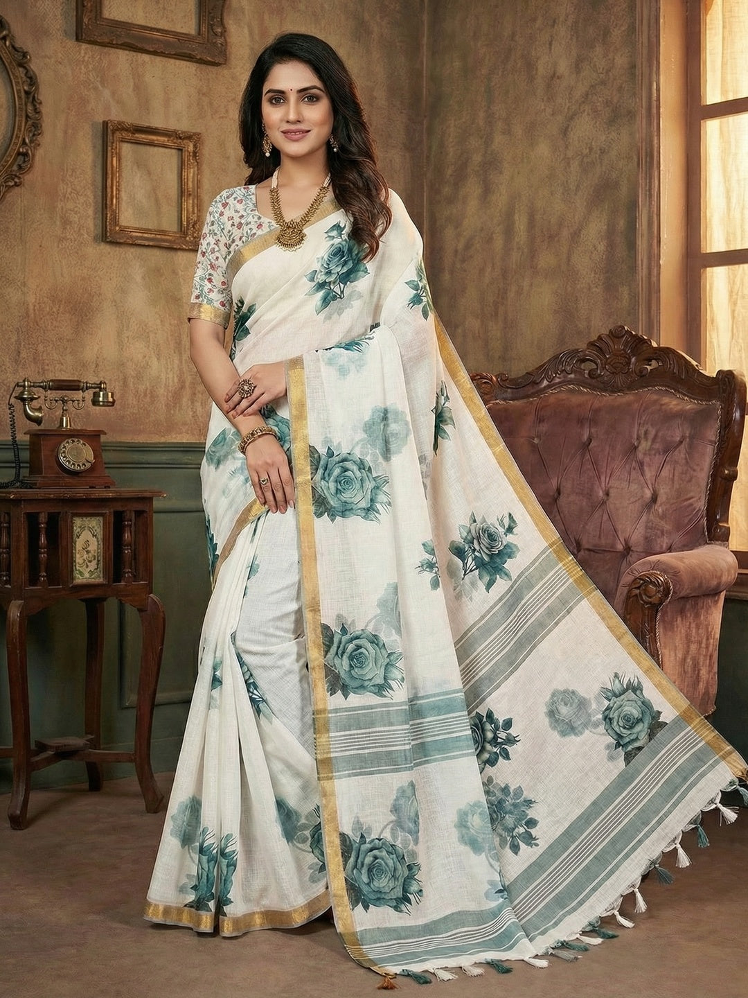 Elegant White Linen Saree with Floral Print and Golden Border - Image 1