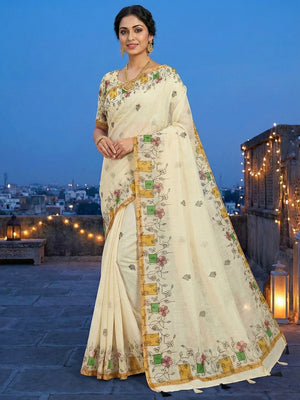 Classic Cream Linen Saree with Floral Printed Border and Graceful Feminine Appeal - Image 1