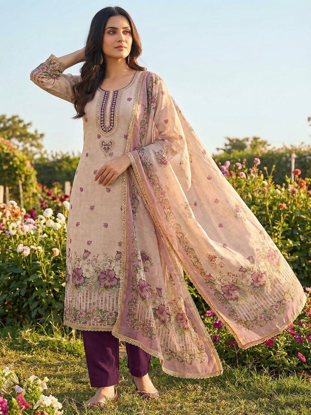 Ethnic Beige & Wine Linen Dress Material with Beautiful Floral Dupatta - Image 2