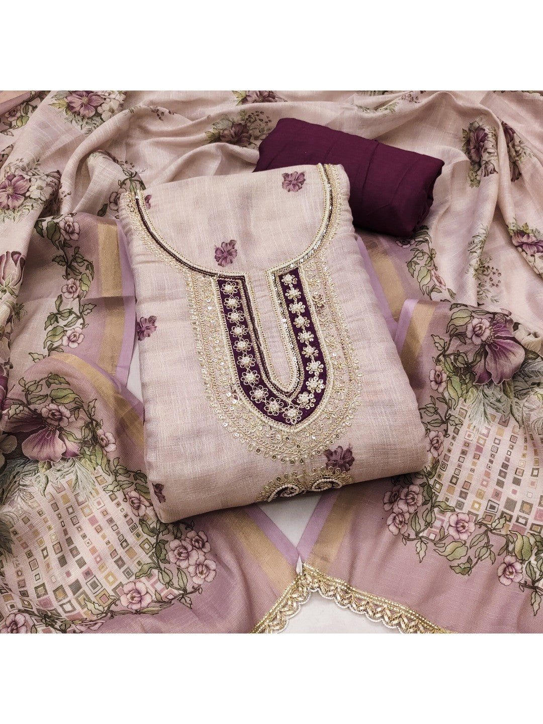 Ethnic Beige & Wine Linen Dress Material with Beautiful Floral Dupatta - Image 1
