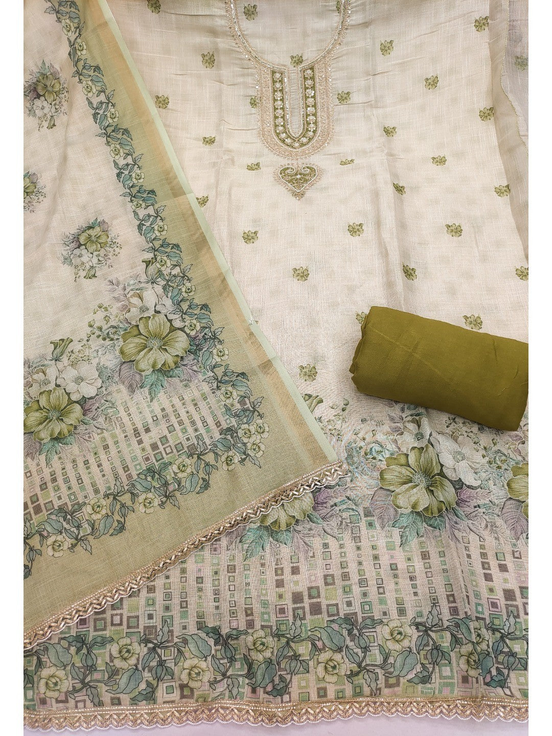 Elegant Beige & Green Linen Dress Material with Floral Printed Dupatta - Image 5