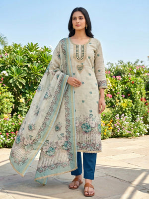 Elegant Beige & Teal Linen Dress Material with Floral Printed Dupatta - Image 2