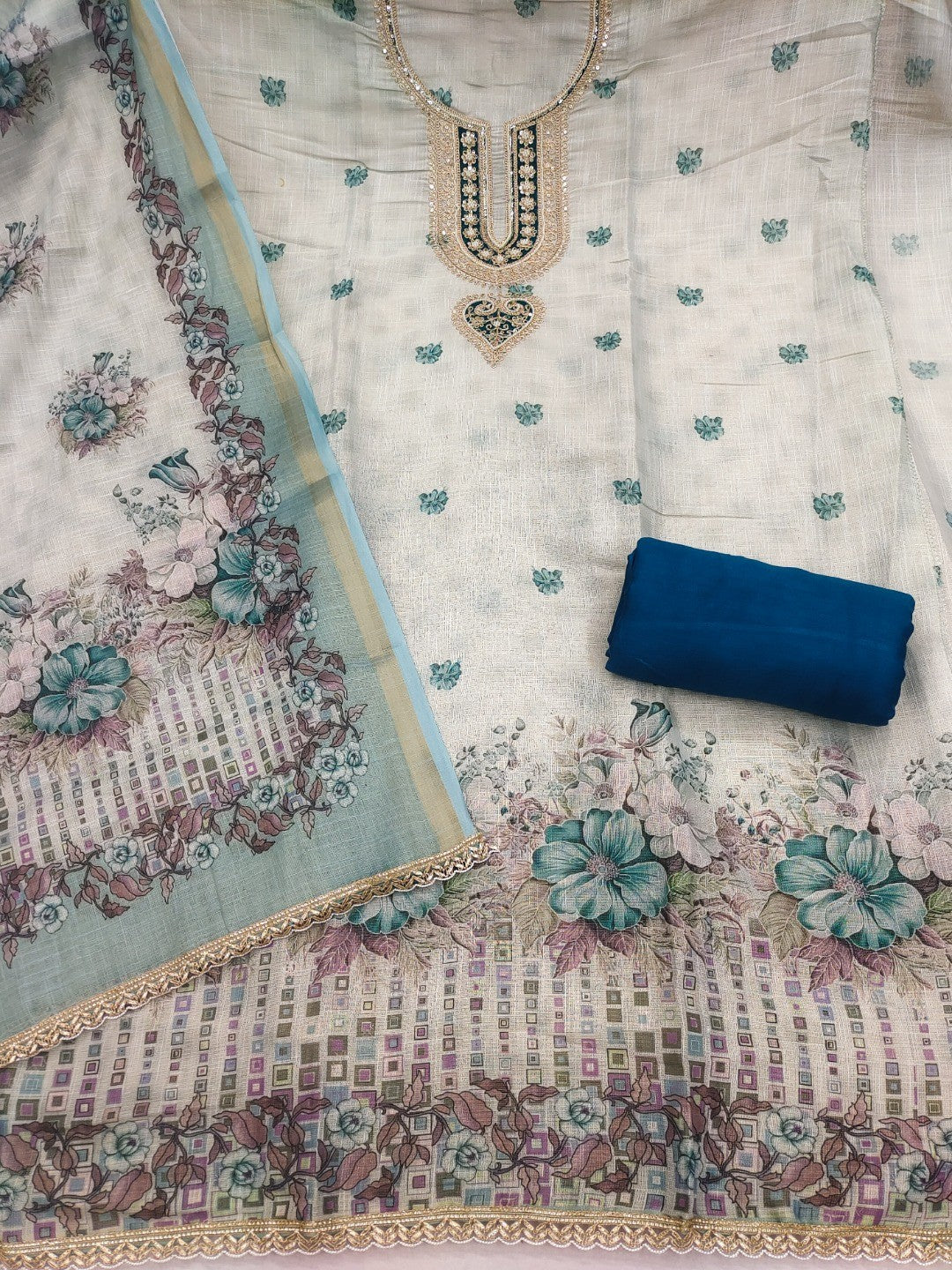 Elegant Beige & Teal Linen Dress Material with Floral Printed Dupatta - Image 4