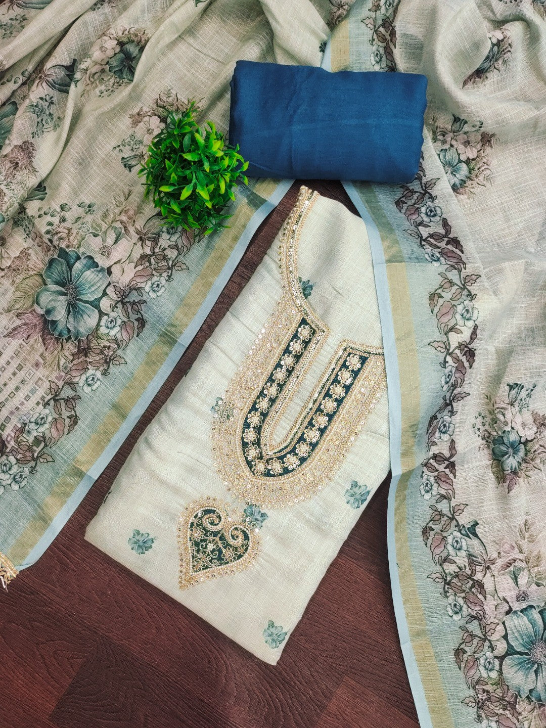 Elegant Beige & Teal Linen Dress Material with Floral Printed Dupatta - Image 3