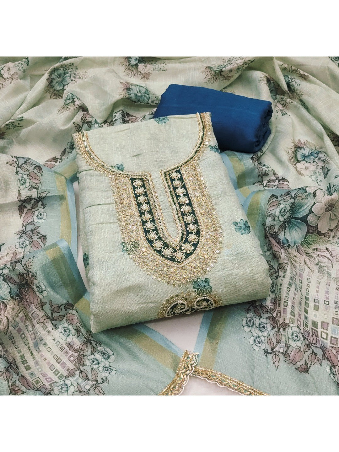 Elegant Beige & Teal Linen Dress Material with Floral Printed Dupatta - Image 1