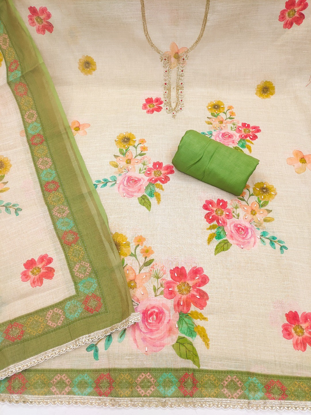 Offwhite & Green Floral Print with Beads Work Linen Unstitched Dress Material - Image 3
