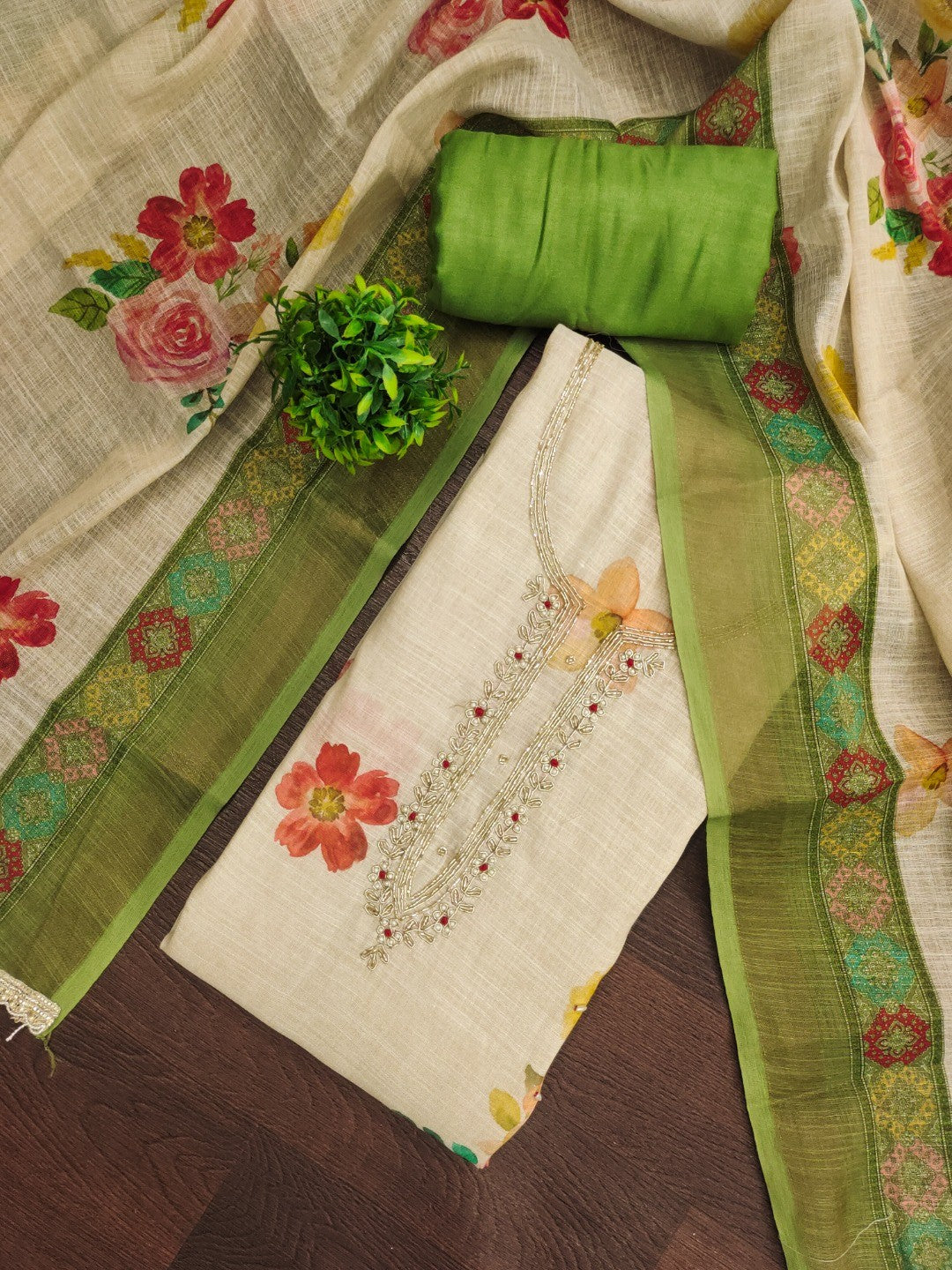 Offwhite & Green Floral Print with Beads Work Linen Unstitched Dress Material - Image 4