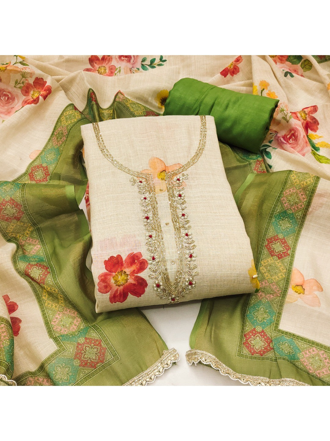Offwhite & Green Floral Print with Beads Work Linen Unstitched Dress Material - Image 1