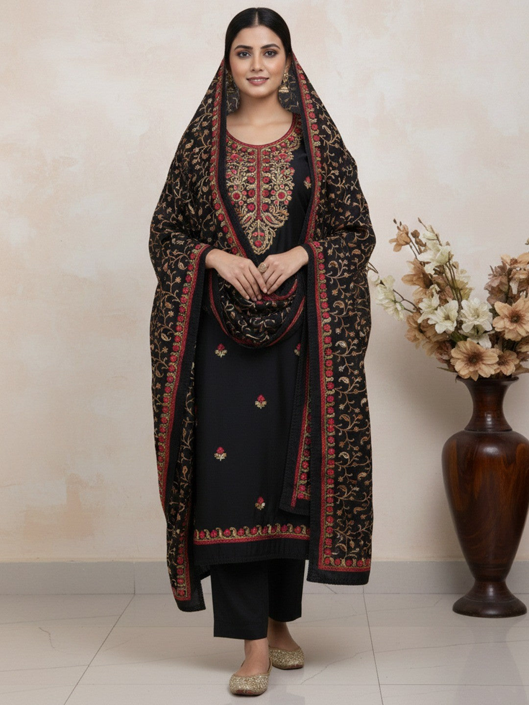 Ethnic Black Roman Art Silk Dress Material Highlighted With Floral & Paisley Thread Embroidery - Image 2