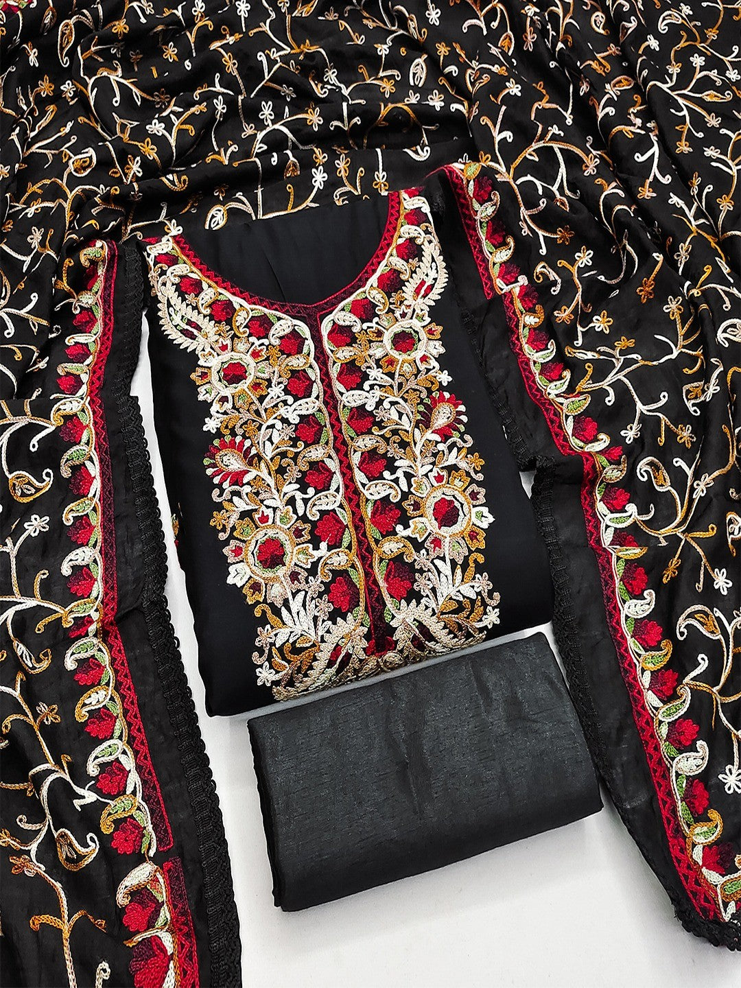Ethnic Black Roman Art Silk Dress Material Highlighted With Floral & Paisley Thread Embroidery - Image 5