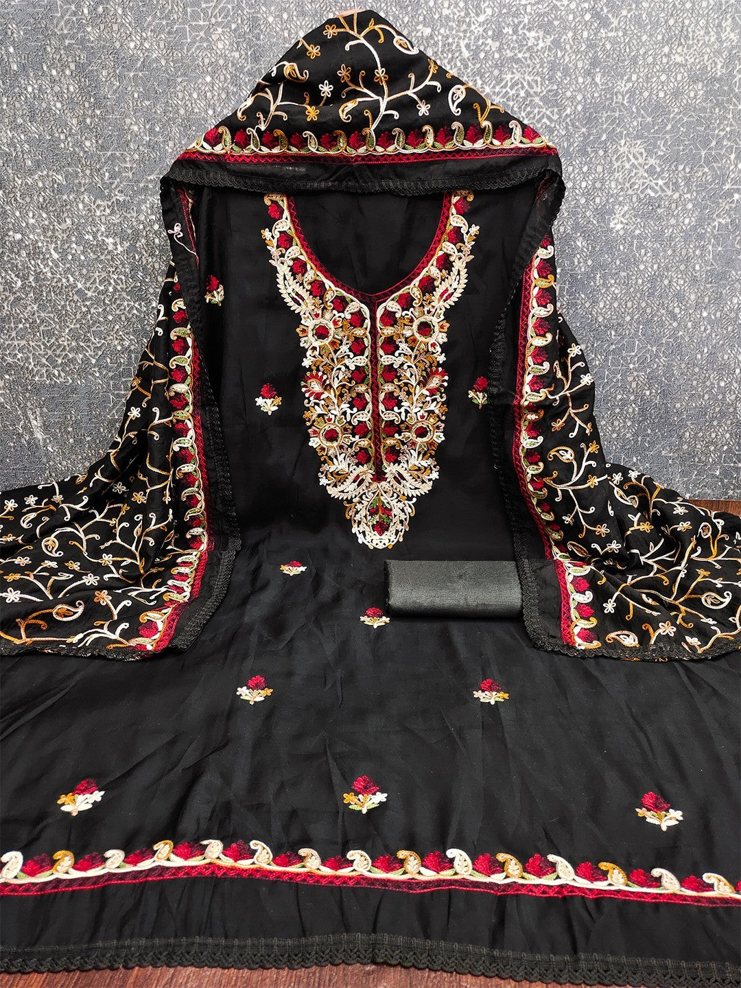 Ethnic Black Roman Art Silk Dress Material Highlighted With Floral & Paisley Thread Embroidery - Image 4